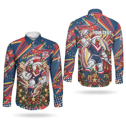 Personalized Sydney Roosters Rugby Christmas Couples Matching Short Sleeve Bodycon Dress and Long Sleeve Button Shirt Holiday Mascot Graphic Art Festive Lights Bow