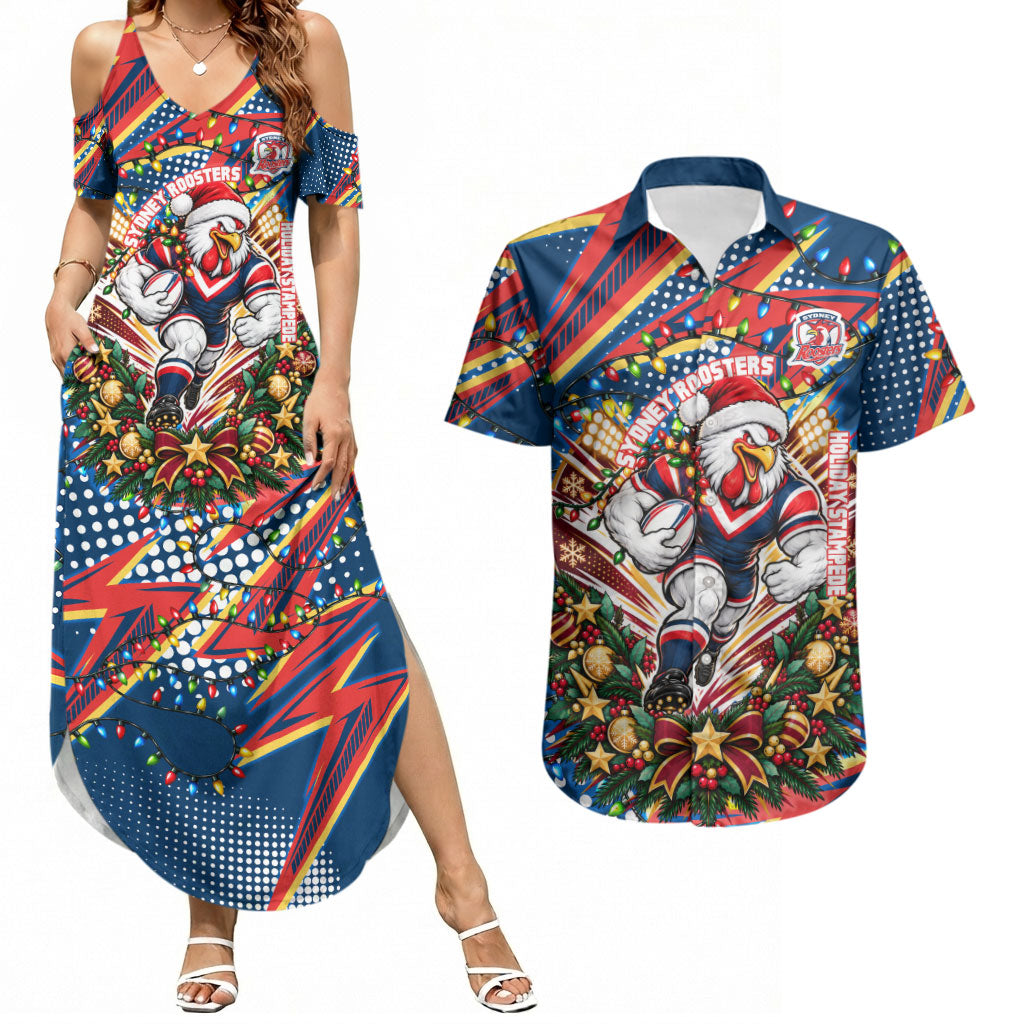 Personalized Sydney Roosters Rugby Christmas Couples Matching Summer Maxi Dress and Hawaiian Shirt Holiday Mascot Graphic Art Festive Lights Bow