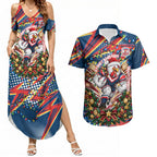 Personalized Sydney Roosters Rugby Christmas Couples Matching Summer Maxi Dress and Hawaiian Shirt Holiday Mascot Graphic Art Festive Lights Bow