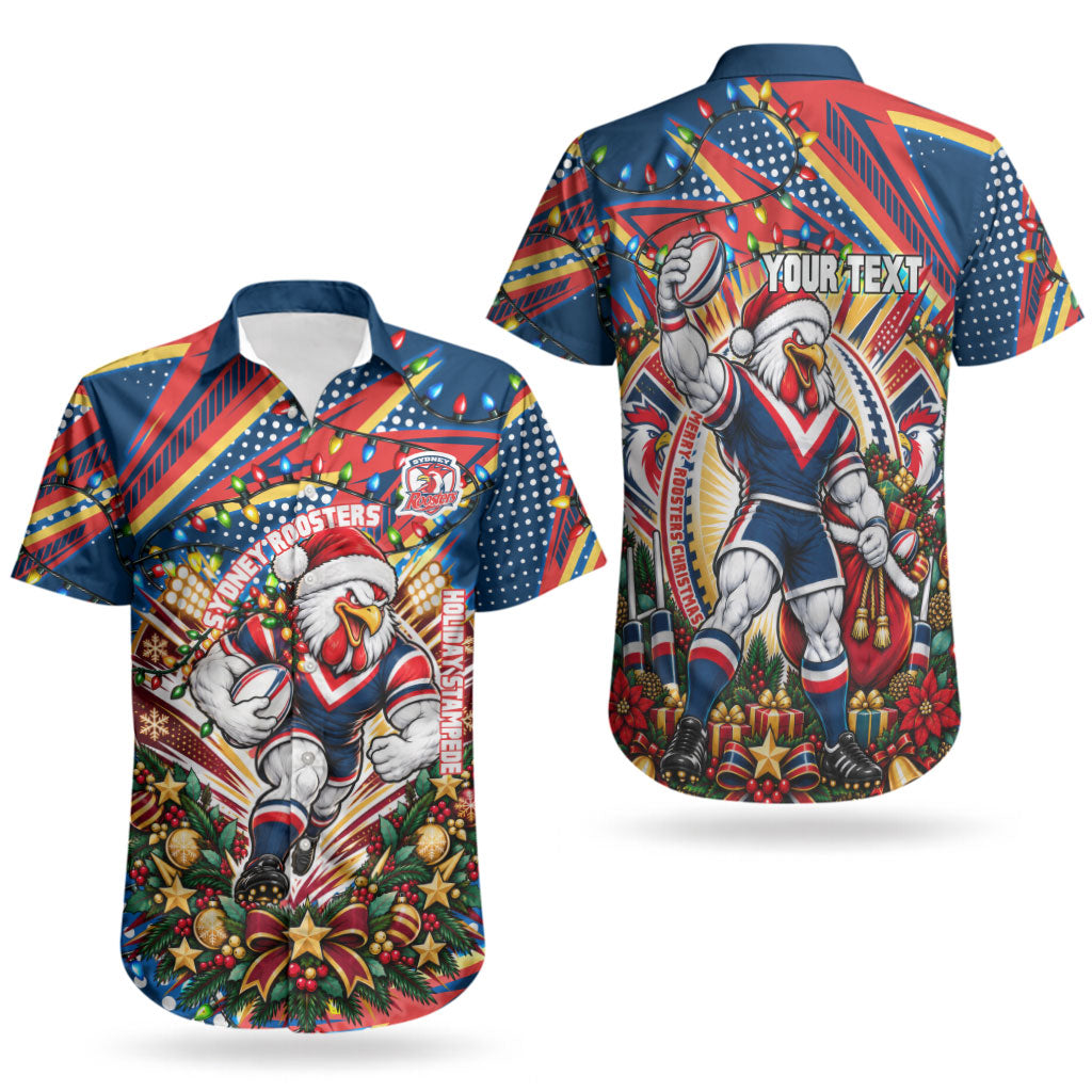 Personalized Sydney Roosters Rugby Christmas Couples Matching Summer Maxi Dress and Hawaiian Shirt Holiday Mascot Graphic Art Festive Lights Bow