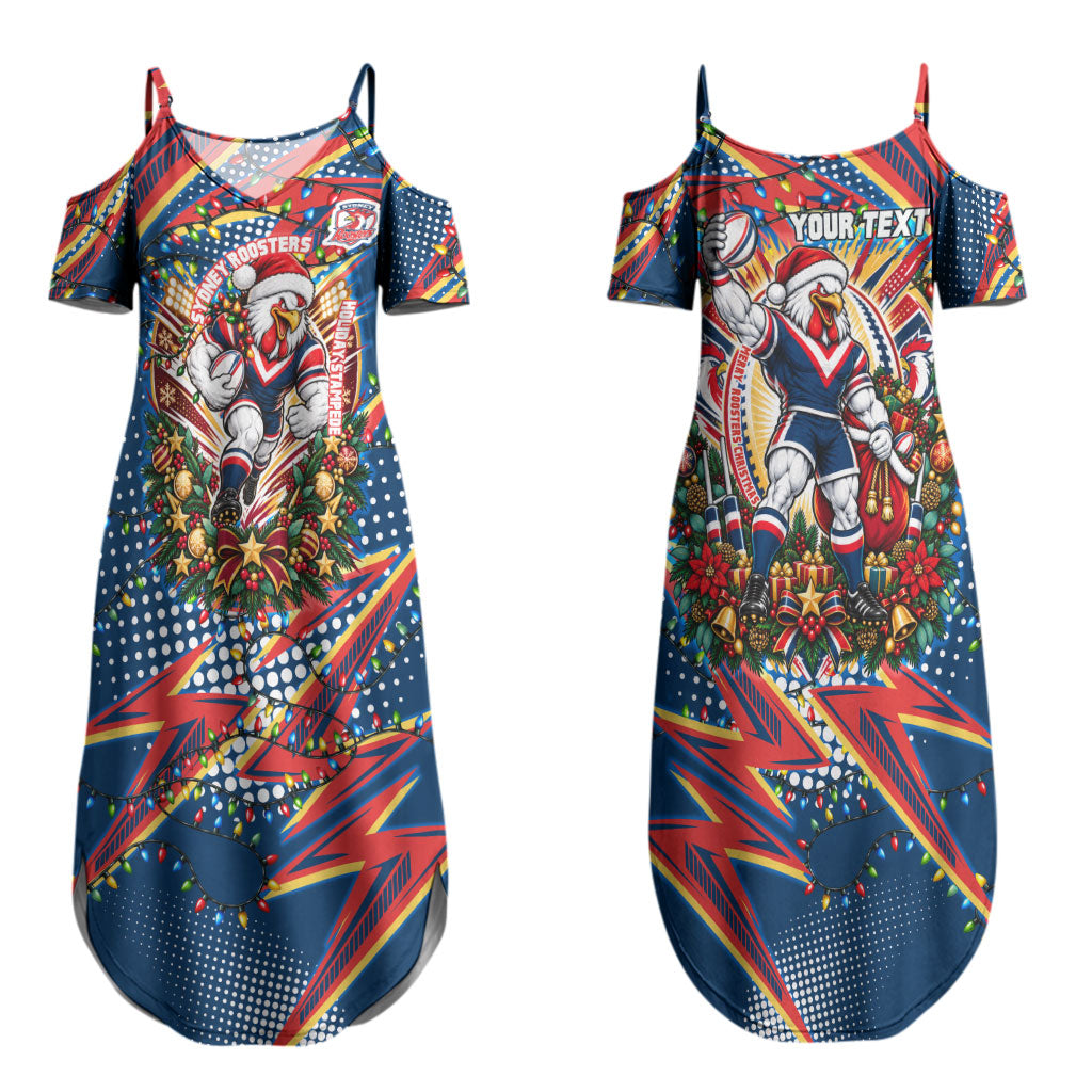 Personalized Sydney Roosters Rugby Christmas Couples Matching Summer Maxi Dress and Hawaiian Shirt Holiday Mascot Graphic Art Festive Lights Bow