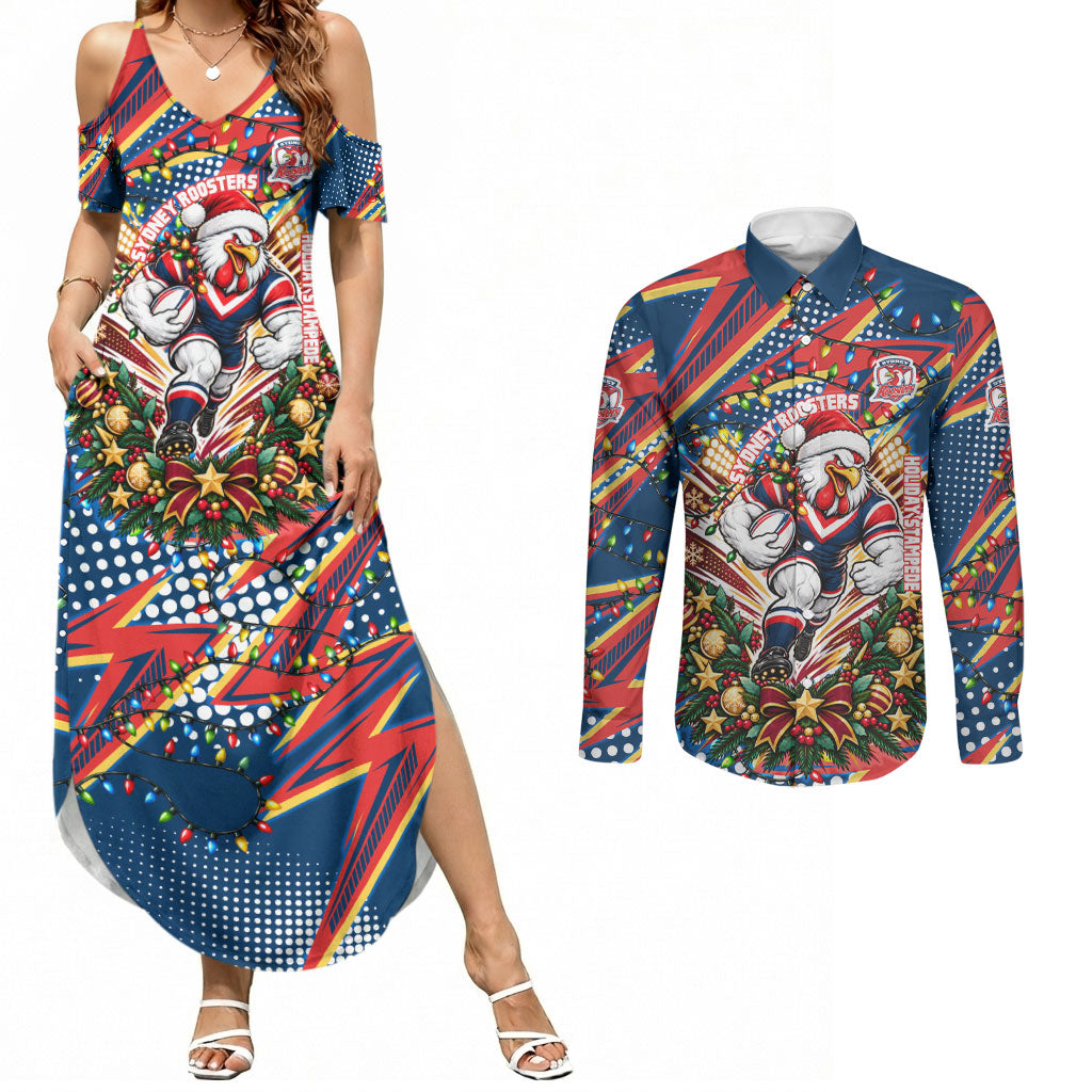Personalized Sydney Roosters Rugby Christmas Couples Matching Summer Maxi Dress and Long Sleeve Button Shirt Holiday Mascot Graphic Art Festive Lights Bow