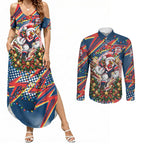 Personalized Sydney Roosters Rugby Christmas Couples Matching Summer Maxi Dress and Long Sleeve Button Shirt Holiday Mascot Graphic Art Festive Lights Bow