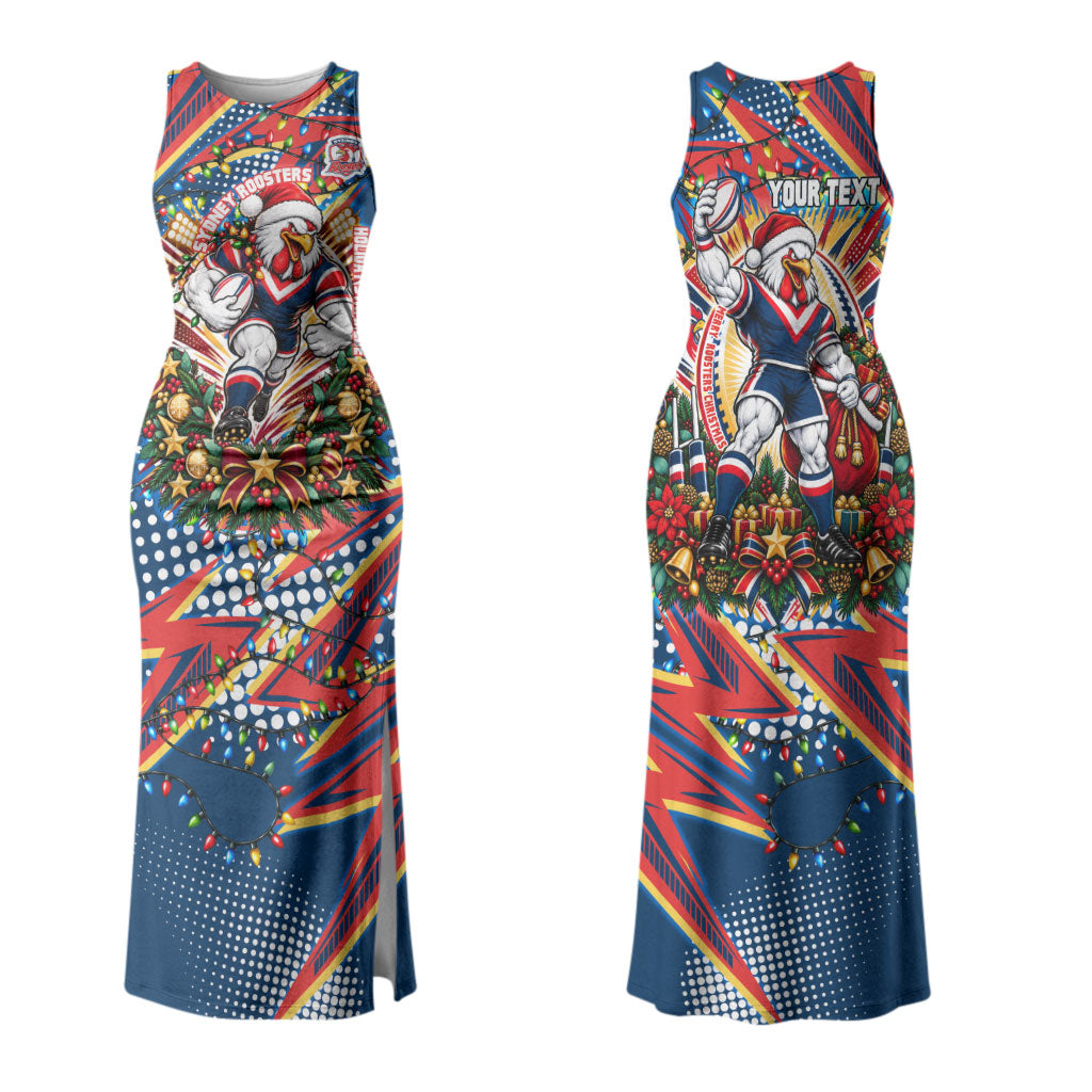 Personalized Sydney Roosters Rugby Christmas Couples Matching Tank Maxi Dress and Hawaiian Shirt Holiday Mascot Graphic Art Festive Lights Bow
