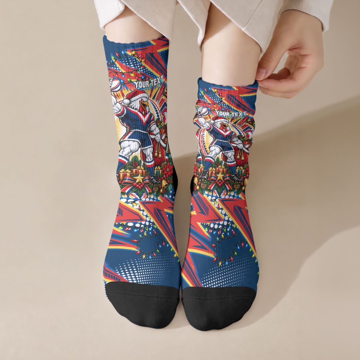 Personalized Sydney Roosters Rugby Christmas Crew Socks Holiday Mascot Graphic Art Festive Lights Bow