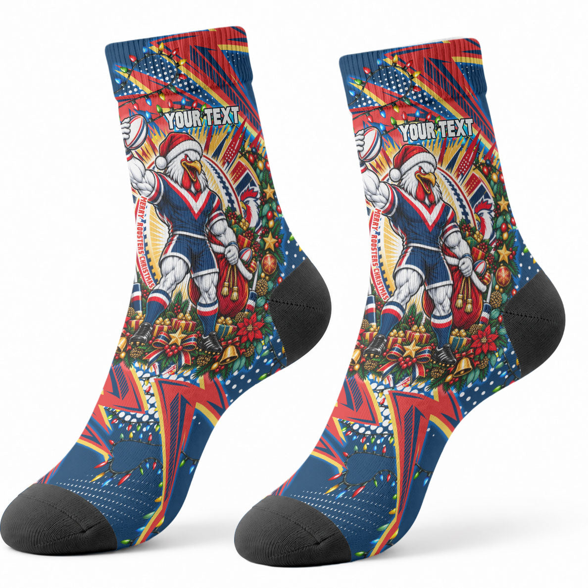 Personalized Sydney Roosters Rugby Christmas Crew Socks Holiday Mascot Graphic Art Festive Lights Bow