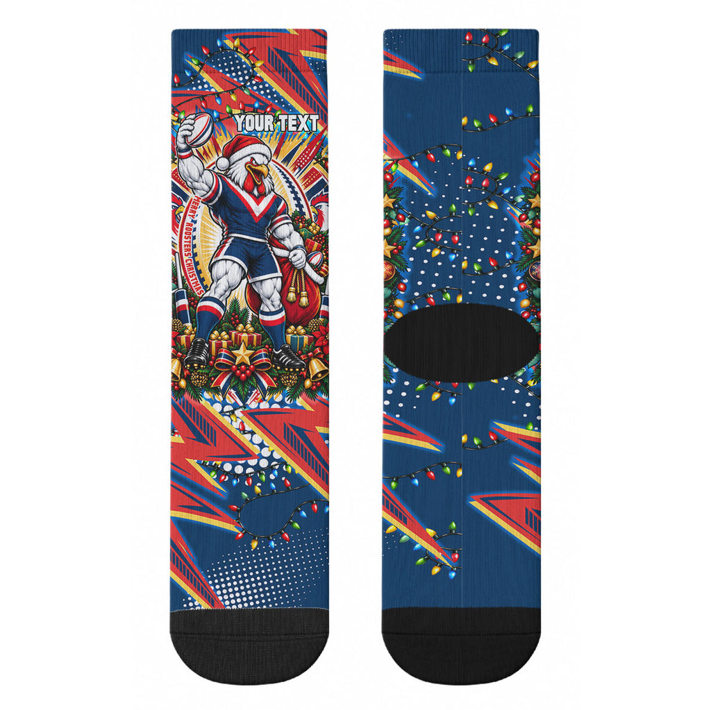 Personalized Sydney Roosters Rugby Christmas Crew Socks Holiday Mascot Graphic Art Festive Lights Bow