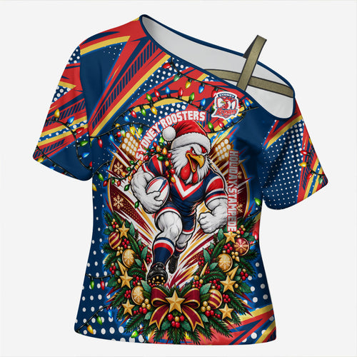 Personalized Sydney Roosters Rugby Christmas Cross Shoulder Shirt Holiday Mascot Graphic Art Festive Lights Bow