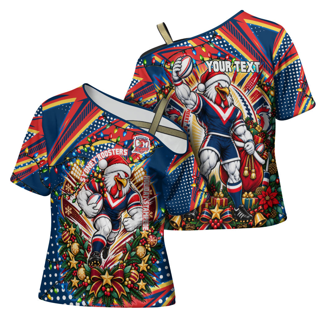 Personalized Sydney Roosters Rugby Christmas Cross Shoulder Shirt Holiday Mascot Graphic Art Festive Lights Bow