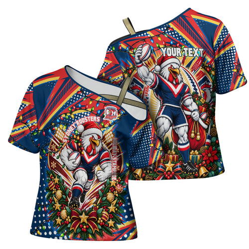 Personalized Sydney Roosters Rugby Christmas Cross Shoulder Shirt Holiday Mascot Graphic Art Festive Lights Bow