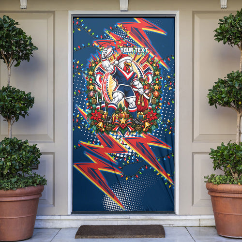 Personalized Sydney Roosters Rugby Christmas Door Cover Holiday Mascot Graphic Art Festive Lights Bow