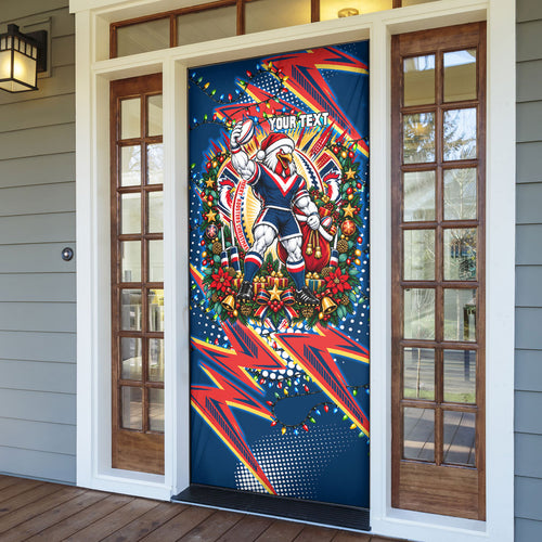Personalized Sydney Roosters Rugby Christmas Door Cover Holiday Mascot Graphic Art Festive Lights Bow