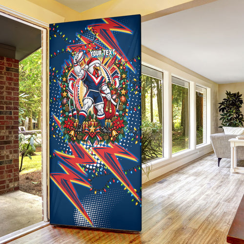 Personalized Sydney Roosters Rugby Christmas Door Cover Holiday Mascot Graphic Art Festive Lights Bow