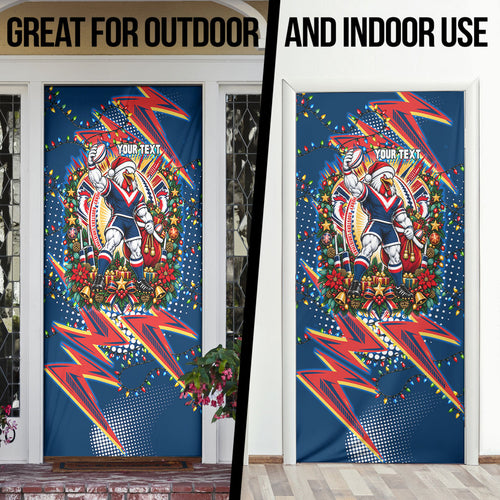 Personalized Sydney Roosters Rugby Christmas Door Cover Holiday Mascot Graphic Art Festive Lights Bow