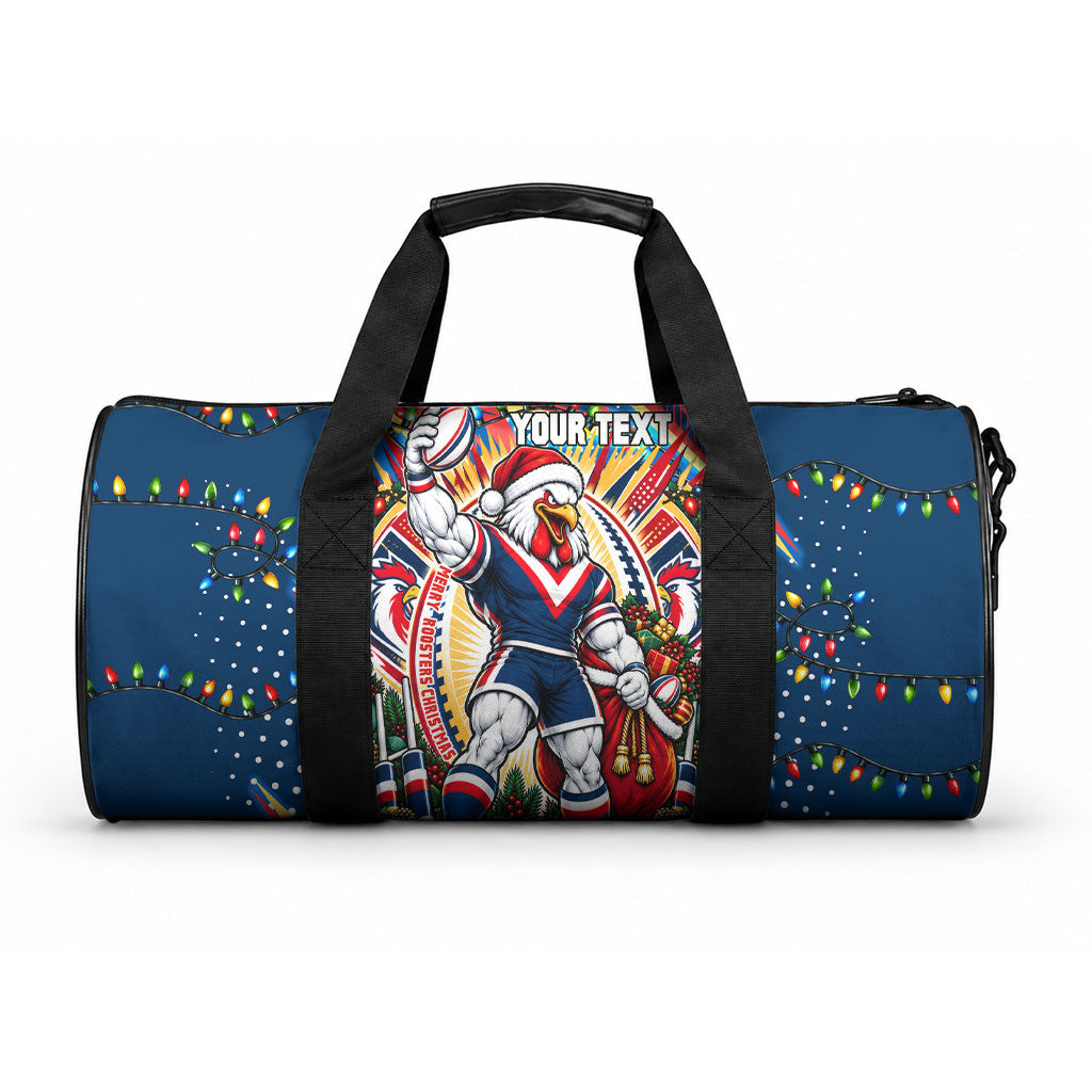 Personalized Sydney Roosters Rugby Christmas Duffle Bag Holiday Mascot Graphic Art Festive Lights Bow
