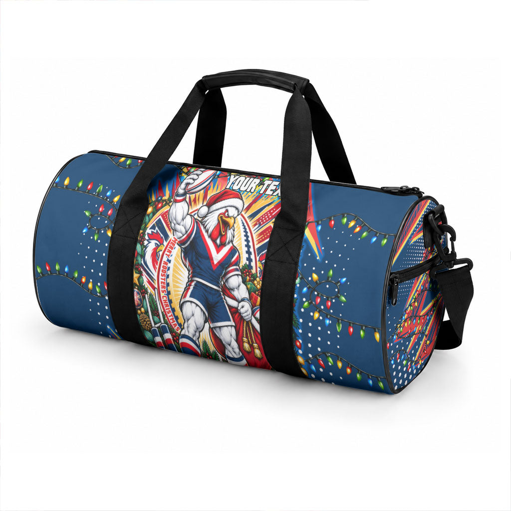 Personalized Sydney Roosters Rugby Christmas Duffle Bag Holiday Mascot Graphic Art Festive Lights Bow