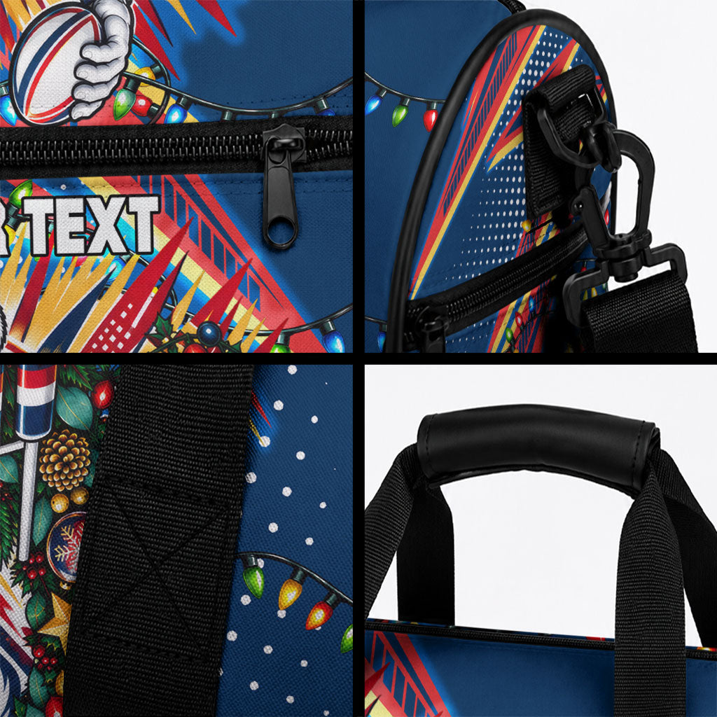 Personalized Sydney Roosters Rugby Christmas Duffle Bag Holiday Mascot Graphic Art Festive Lights Bow