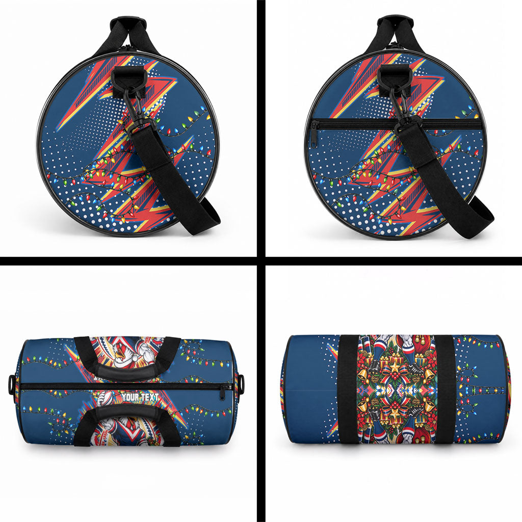 Personalized Sydney Roosters Rugby Christmas Duffle Bag Holiday Mascot Graphic Art Festive Lights Bow