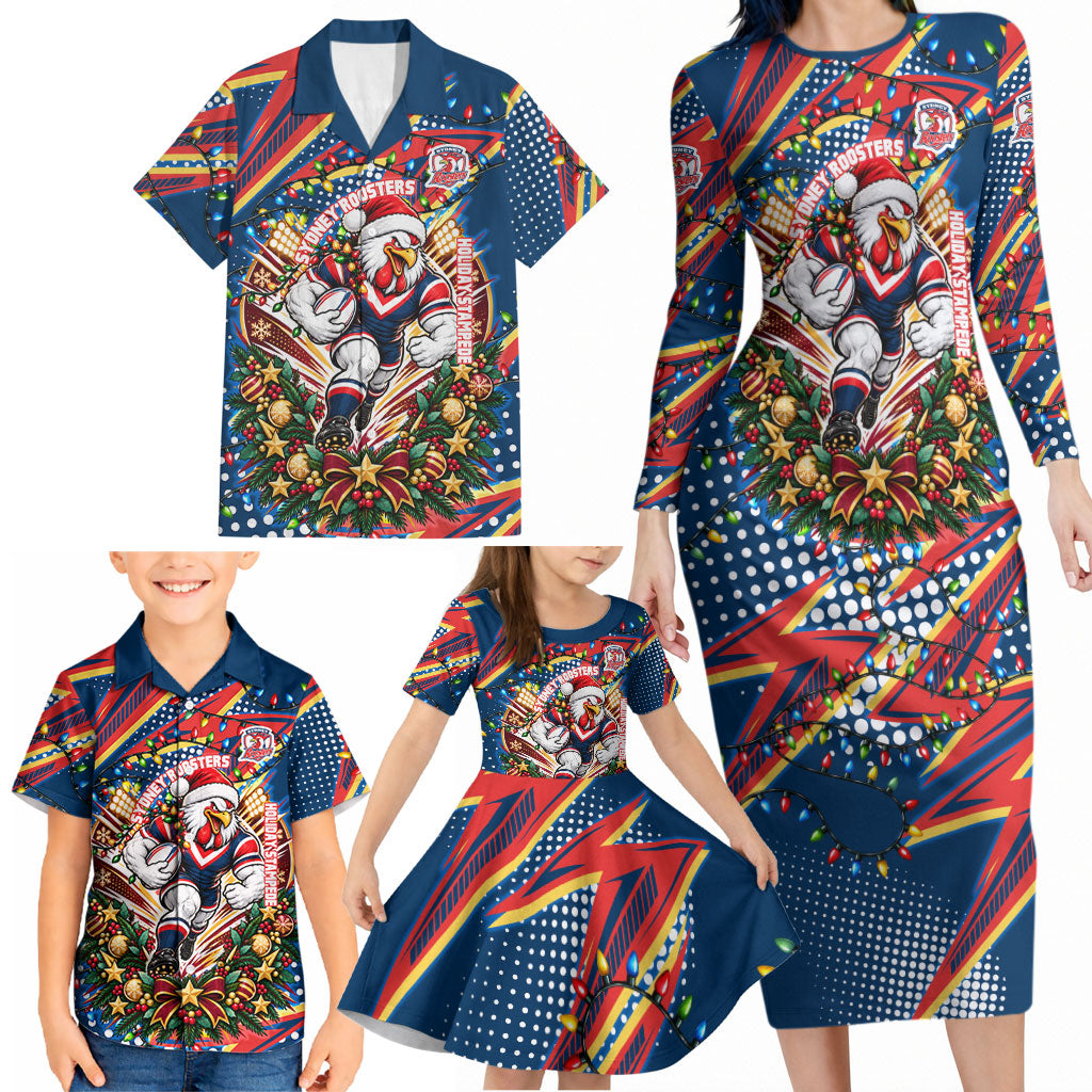 Personalized Sydney Roosters Rugby Christmas Family Matching Long Sleeve Bodycon Dress and Hawaiian Shirt Holiday Mascot Graphic Art Festive Lights Bow