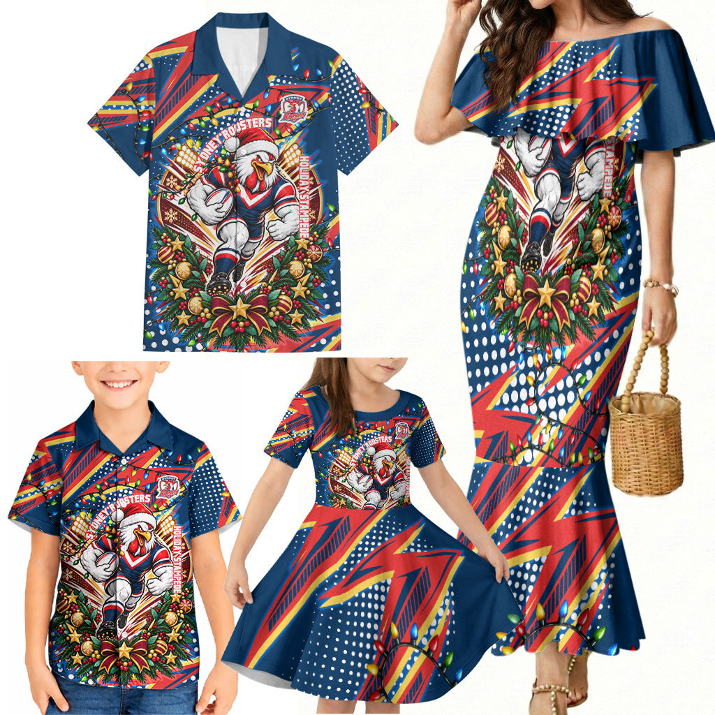 Personalized Sydney Roosters Rugby Christmas Family Matching Mermaid Dress and Hawaiian Shirt Holiday Mascot Graphic Art Festive Lights Bow