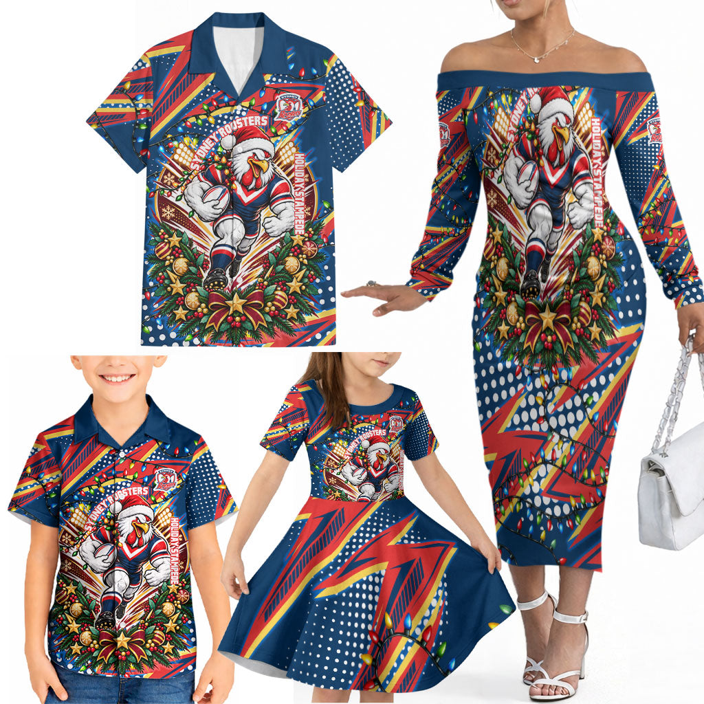 Personalized Sydney Roosters Rugby Christmas Family Matching Off The Shoulder Long Sleeve Dress and Hawaiian Shirt Holiday Mascot Graphic Art Festive Lights Bow