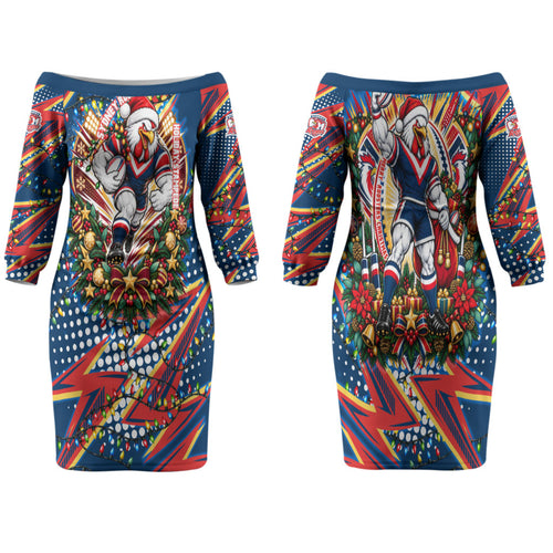 Personalized Sydney Roosters Rugby Christmas Family Matching Off The Shoulder Long Sleeve Dress and Hawaiian Shirt Holiday Mascot Graphic Art Festive Lights Bow