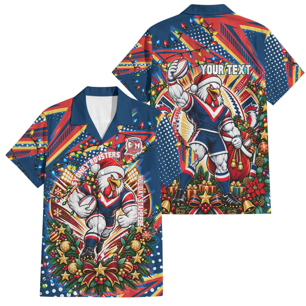Personalized Sydney Roosters Rugby Christmas Family Matching Off The Shoulder Long Sleeve Dress and Hawaiian Shirt Holiday Mascot Graphic Art Festive Lights Bow