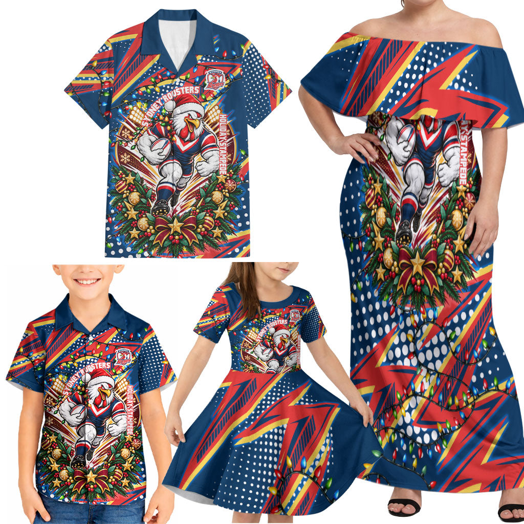 Personalized Sydney Roosters Rugby Christmas Family Matching Off Shoulder Maxi Dress and Hawaiian Shirt Holiday Mascot Graphic Art Festive Lights Bow