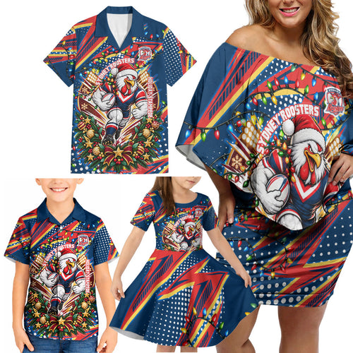 Personalized Sydney Roosters Rugby Christmas Family Matching Off Shoulder Short Dress and Hawaiian Shirt Holiday Mascot Graphic Art Festive Lights Bow