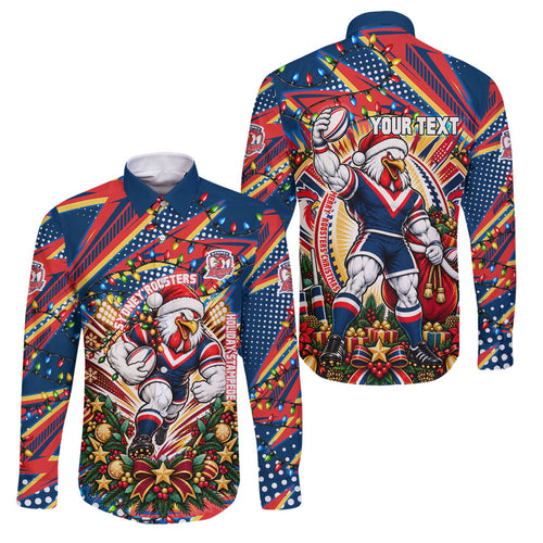 Personalized Sydney Roosters Rugby Christmas Family Matching Off Shoulder Short Dress and Hawaiian Shirt Holiday Mascot Graphic Art Festive Lights Bow