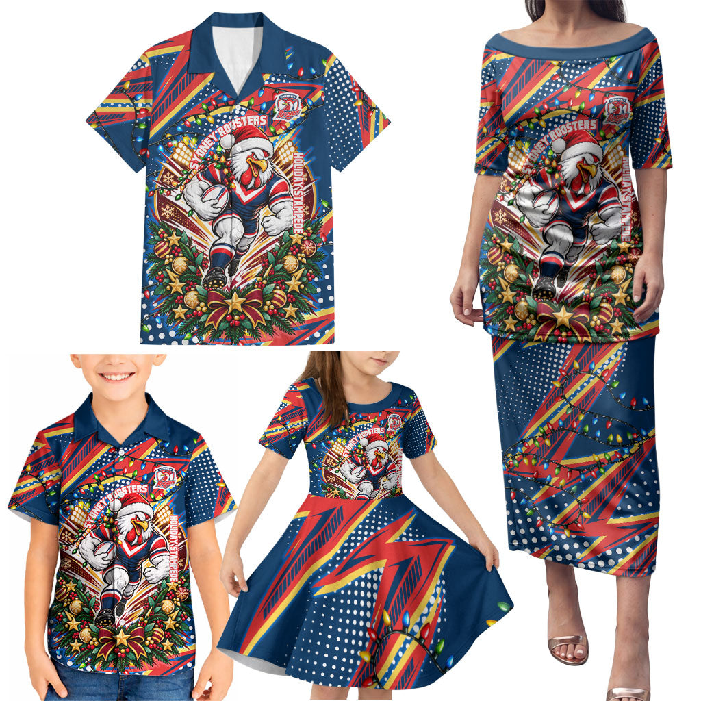 Personalized Sydney Roosters Rugby Christmas Family Matching Puletasi and Hawaiian Shirt Holiday Mascot Graphic Art Festive Lights Bow