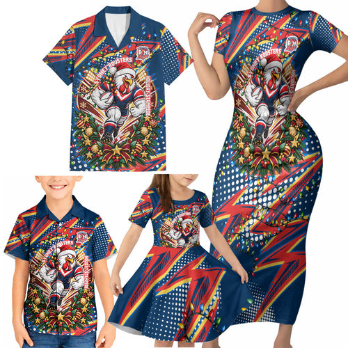 Personalized Sydney Roosters Rugby Christmas Family Matching Short Sleeve Bodycon Dress and Hawaiian Shirt Holiday Mascot Graphic Art Festive Lights Bow