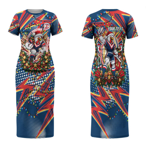 Personalized Sydney Roosters Rugby Christmas Family Matching Short Sleeve Bodycon Dress and Hawaiian Shirt Holiday Mascot Graphic Art Festive Lights Bow