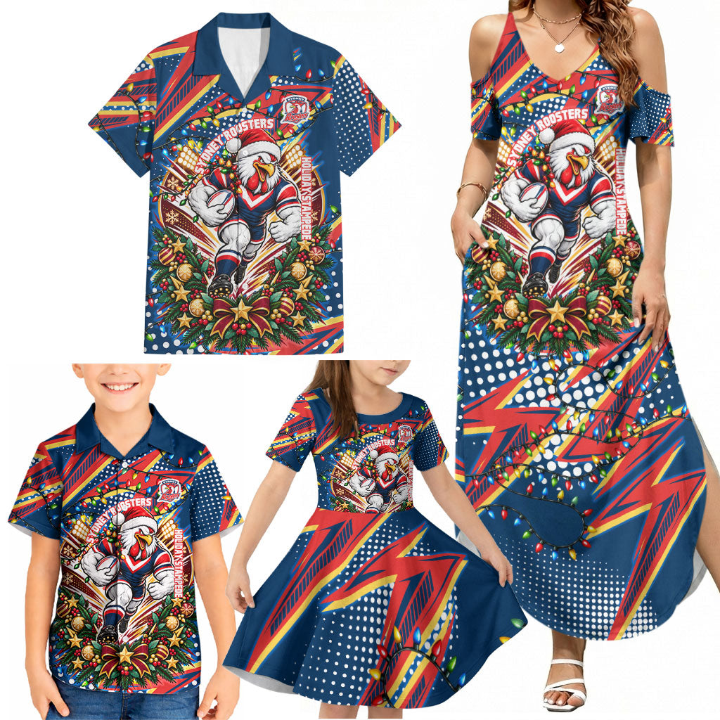 Personalized Sydney Roosters Rugby Christmas Family Matching Summer Maxi Dress and Hawaiian Shirt Holiday Mascot Graphic Art Festive Lights Bow