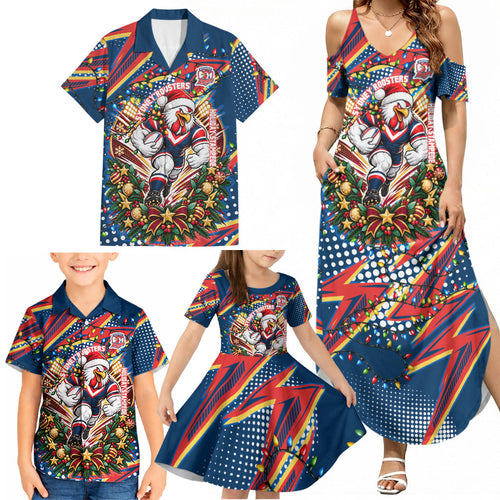 Personalized Sydney Roosters Rugby Christmas Family Matching Summer Maxi Dress and Hawaiian Shirt Holiday Mascot Graphic Art Festive Lights Bow
