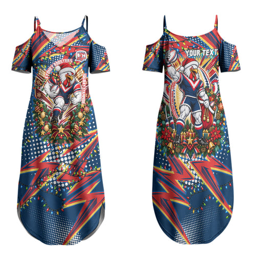 Personalized Sydney Roosters Rugby Christmas Family Matching Summer Maxi Dress and Hawaiian Shirt Holiday Mascot Graphic Art Festive Lights Bow