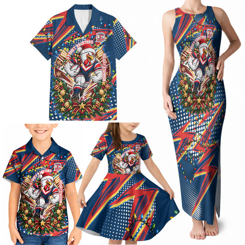 Personalized Sydney Roosters Rugby Christmas Family Matching Tank Maxi Dress and Hawaiian Shirt Holiday Mascot Graphic Art Festive Lights Bow