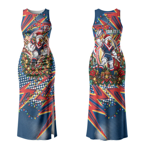 Personalized Sydney Roosters Rugby Christmas Family Matching Tank Maxi Dress and Hawaiian Shirt Holiday Mascot Graphic Art Festive Lights Bow