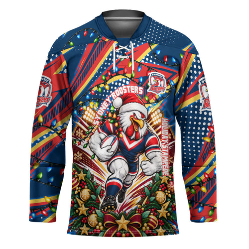 Personalized Sydney Roosters Rugby Christmas Hockey Jersey Holiday Mascot Graphic Art Festive Lights Bow