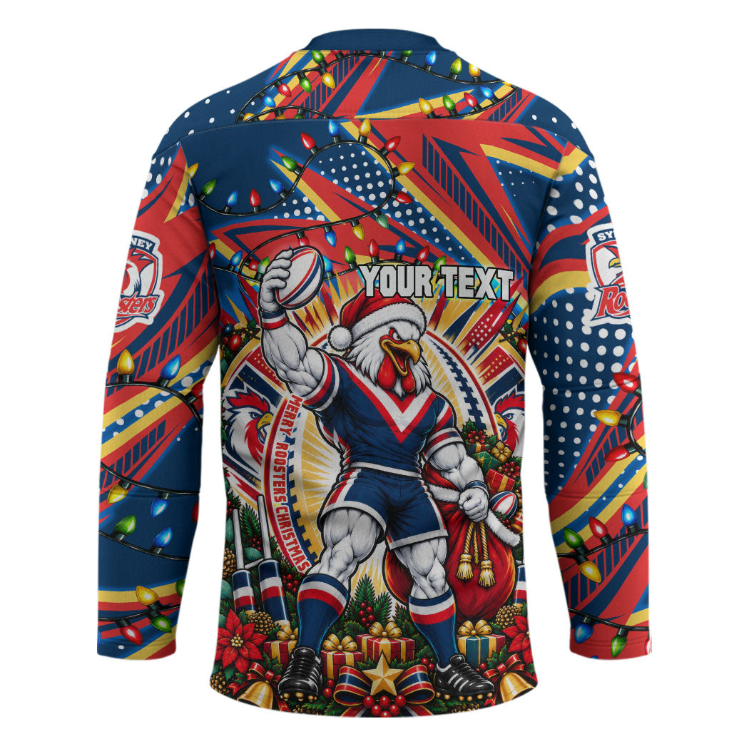 Personalized Sydney Roosters Rugby Christmas Hockey Jersey Holiday Mascot Graphic Art Festive Lights Bow