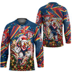 Personalized Sydney Roosters Rugby Christmas Hockey Jersey Holiday Mascot Graphic Art Festive Lights Bow