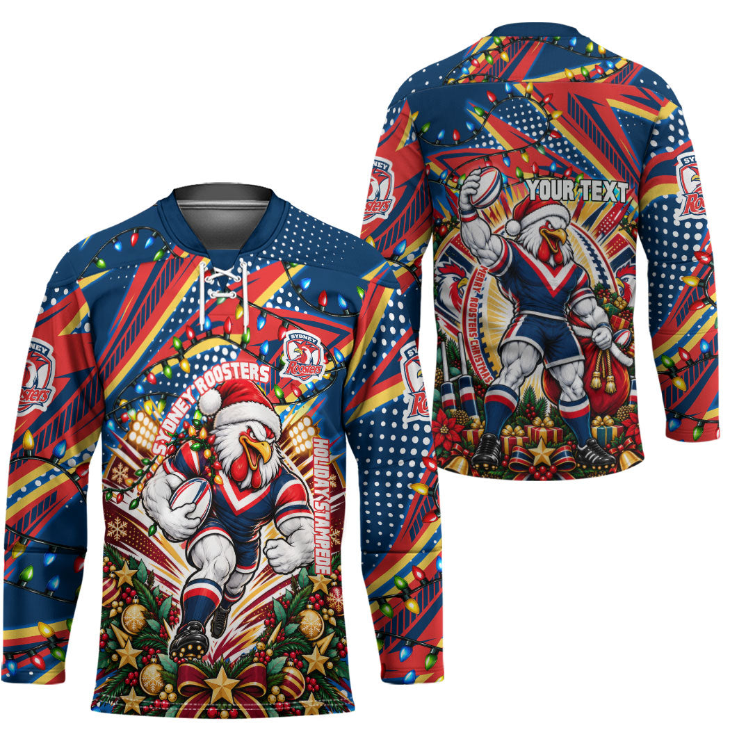 Personalized Sydney Roosters Rugby Christmas Hockey Jersey Holiday Mascot Graphic Art Festive Lights Bow