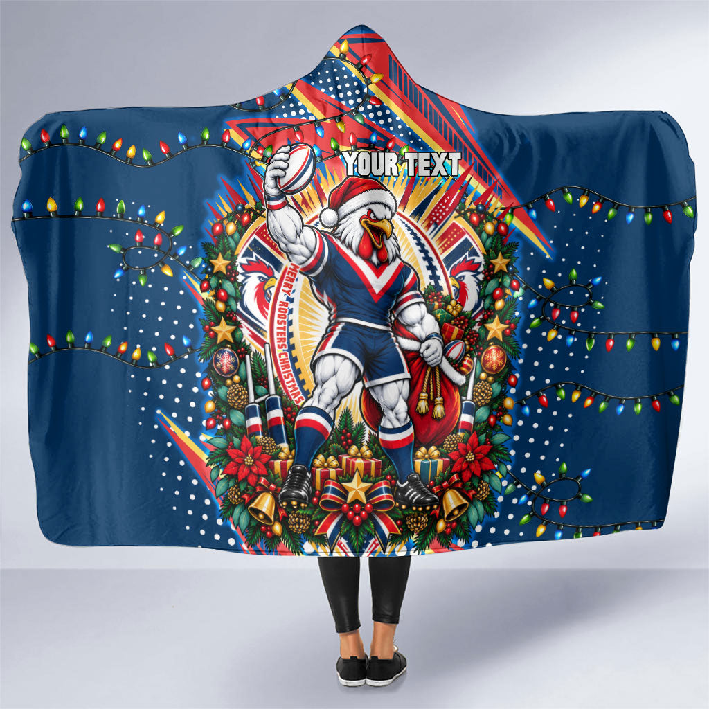 Personalized Sydney Roosters Rugby Christmas Hooded Blanket Holiday Mascot Graphic Art Festive Lights Bow