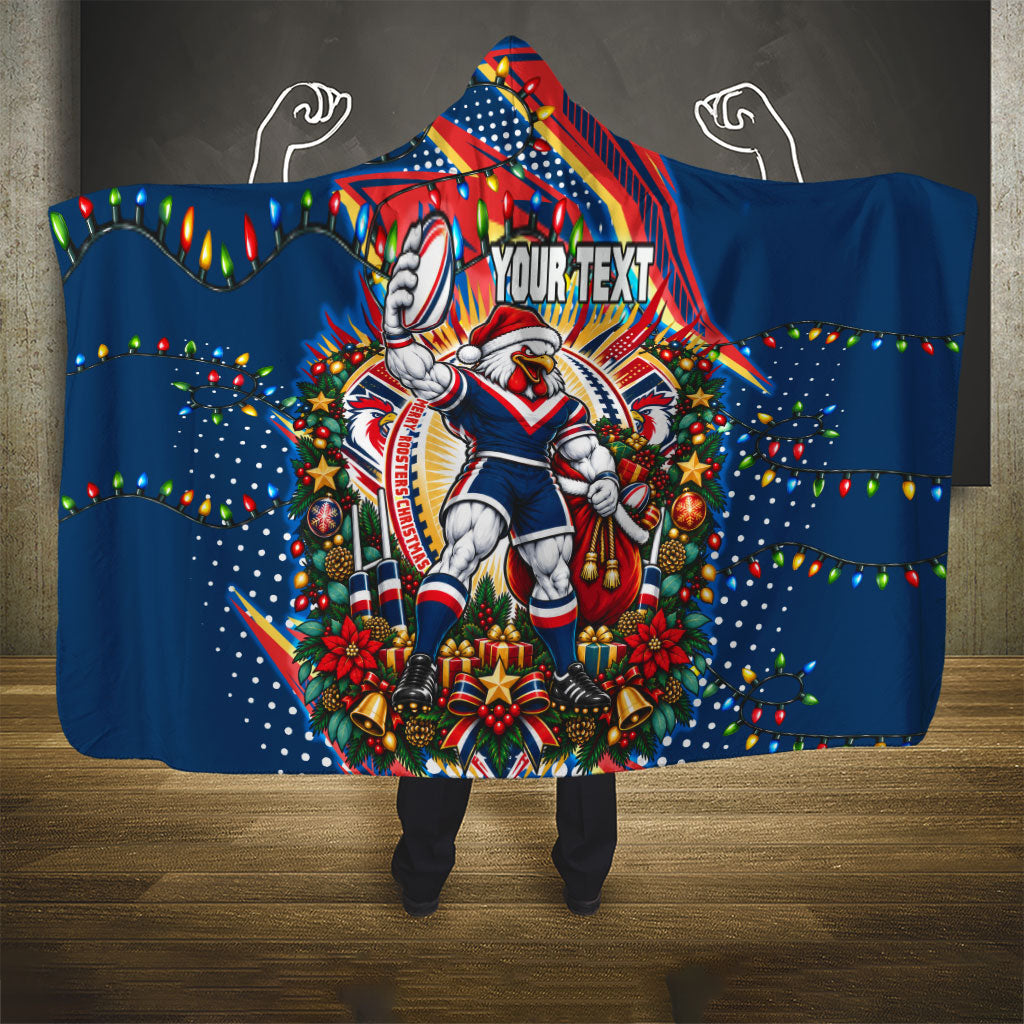 Personalized Sydney Roosters Rugby Christmas Hooded Blanket Holiday Mascot Graphic Art Festive Lights Bow