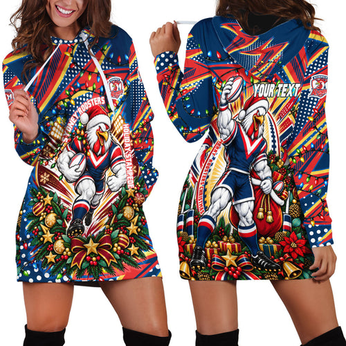 Personalized Sydney Roosters Rugby Christmas Hoodie Dress Holiday Mascot Graphic Art Festive Lights Bow