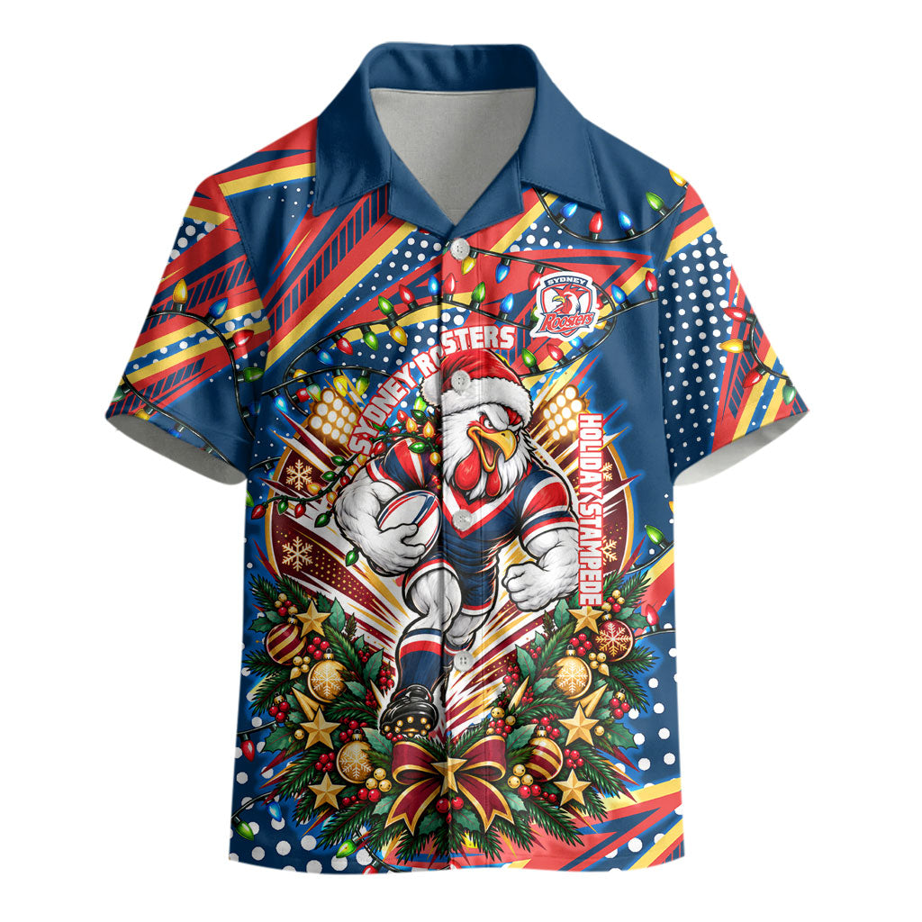 Personalized Sydney Roosters Rugby Christmas Kid Hawaiian Shirt Holiday Mascot Graphic Art Festive Lights Bow