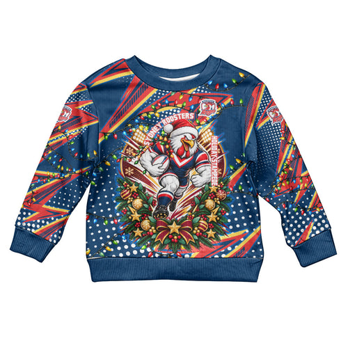 Personalized Sydney Roosters Rugby Christmas Kid Ugly Christmas Sweater Holiday Mascot Graphic Art Festive Lights Bow