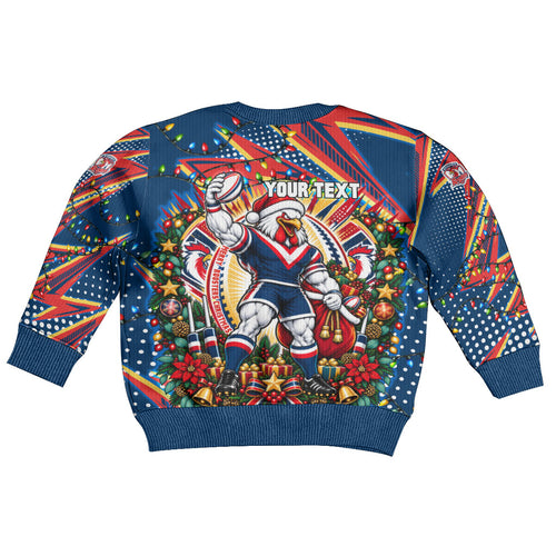 Personalized Sydney Roosters Rugby Christmas Kid Ugly Christmas Sweater Holiday Mascot Graphic Art Festive Lights Bow