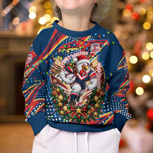 Personalized Sydney Roosters Rugby Christmas Kid Ugly Christmas Sweater Holiday Mascot Graphic Art Festive Lights Bow