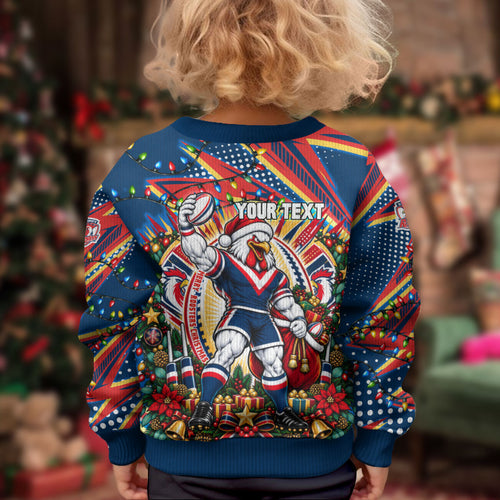 Personalized Sydney Roosters Rugby Christmas Kid Ugly Christmas Sweater Holiday Mascot Graphic Art Festive Lights Bow